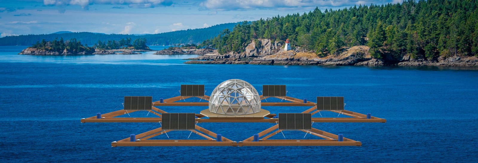Rendering of the complete floating platform: a hexagonal array of tracking solar panels around a central geodesic dome, on blue coastal water with a forested shoreline and lighthouse behind